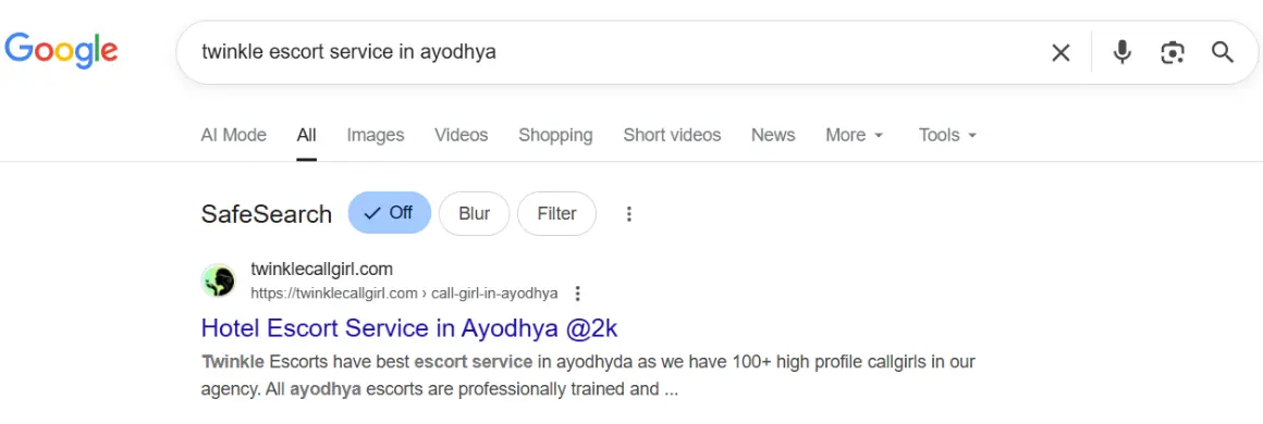 screenshot result keyword type on google 'twinkle escort service in Ayodhya'